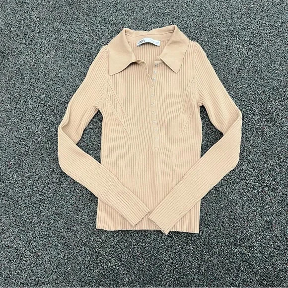 ZARA Beige Ribbed Collared Long-Sleeve Modest Shirt Top Sweater Silver Snaps M - Picture 4 of 12